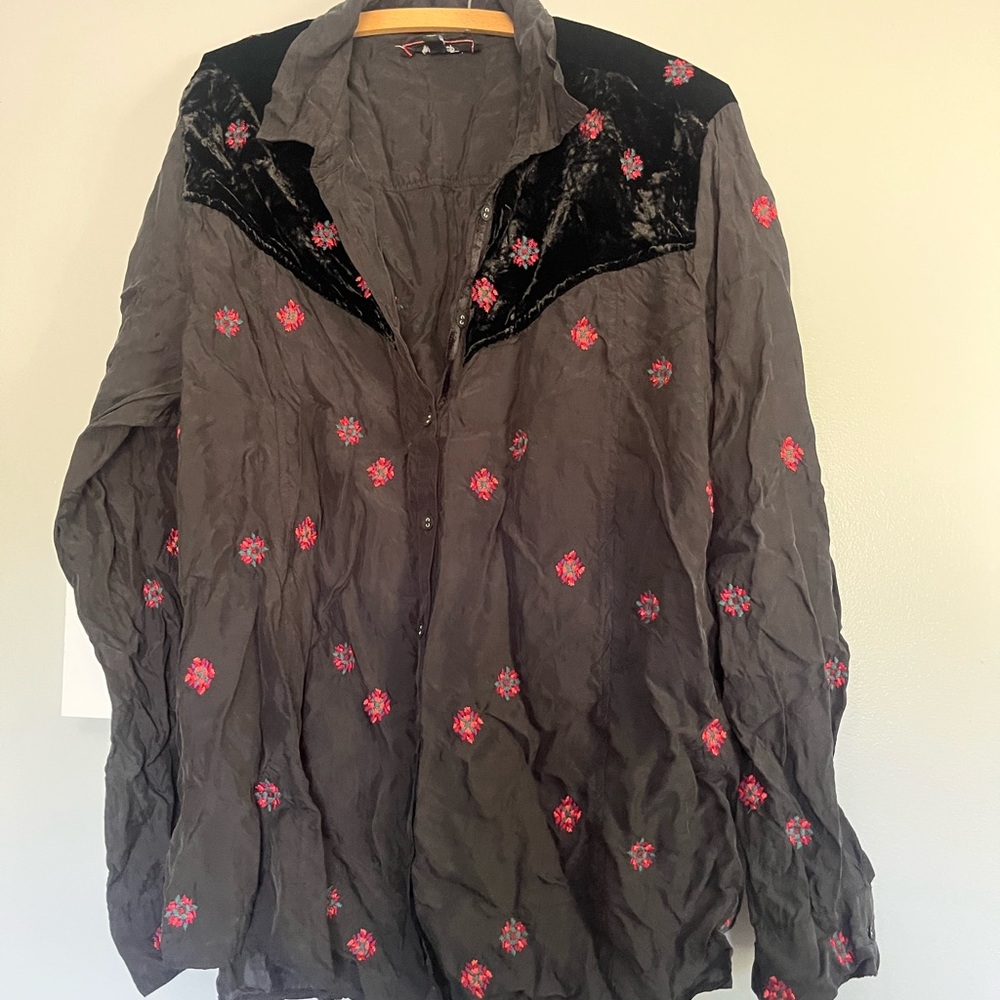 Johnny Was Black Blouse with Red Floral Embroidery